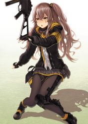 Rule 34 | 1girl, balancing, black footwear, black gloves, black jacket, blush, boots, brown eyes, brown hair, brown pantyhose, chestnut mouth, commentary request, dress shirt, fingerless gloves, girls&#039; frontline, gloves, grey skirt, gun, h&amp;k ump, h&amp;k ump, hair between eyes, hair ornament, hood, hood down, hooded jacket, jacket, long hair, one side up, open clothes, open jacket, pantyhose, parted lips, pleated skirt, revision, scar, scar across eye, scar on face, shadow, shirt, skirt, solo, submachine gun, teeth, ump45 (girls&#039; frontline), upper teeth only, v-shaped eyebrows, very long hair, weapon, white background, white shirt, yoka1chi