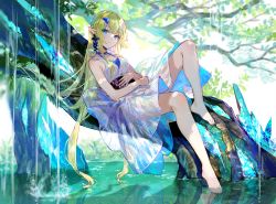 Rule 34 | 1girl, bare arms, bare legs, bare shoulders, barefoot, belt, blue choker, blue eyes, blurry, braid, breasts, choker, closed mouth, day, depth of field, dress, earrings, elf, expressionless, fuzichoco, green hair, hair ornament, head tilt, highres, jewelry, knee up, legs, long hair, long legs, looking at viewer, multiple belts, nature, original, pointy ears, reclining, sidelocks, sleeveless, sleeveless dress, small breasts, solo, sunlight, tree, tree shade, very long hair, water, waterfall, white dress