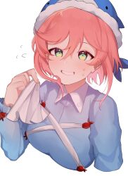 Rule 34 | 1girl, blue hat, blue shirt, blush, cropped torso, flying sweatdrops, green eyes, grin, hair between eyes, hand up, hat, highres, holding, looking at viewer, majime joe, napkin, okunoda miyoi, pink hair, shirt, short hair, simple background, smile, solo, touhou, upper body, whale hat, white background
