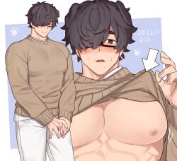 Rule 34 | 1boy, animal ears, arrow (symbol), bara, bouncing pecs, brown sweater, clothes lift, dog ears, ears down, glasses, hair over one eye, highres, large pectorals, lifted by self, looking at viewer, male focus, motion lines, muscular, muscular male, original, own hands together, pectoral focus, pectorals, rio mukiniki, shirt lift, short hair, shy, solo, sweatdrop, sweater, thick eyebrows