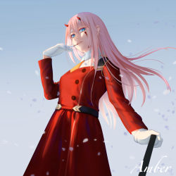 Rule 34 | 1girl, amberdl, artist name, belt, blood, blood on face, blue eyes, darling in the franxx, dress, floating hair, glove in mouth, gloves, highres, horns, long hair, long sleeves, looking at viewer, military, military uniform, mouth hold, pink hair, red dress, straight hair, teeth hold, uniform, white gloves, zero two (darling in the franxx)