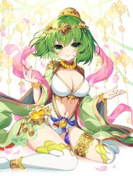 Rule 34 | 1girl, bead bracelet, bead necklace, beads, bracelet, breasts, cleavage, green eyes, green hair, headpiece, highres, jewelry, kozakura (dictionary), navel, necklace, pearl bracelet, pearl necklace, petals, puzzle &amp; dragons, rushana (p&amp;d), short hair, solo, thighhighs, wide sleeves