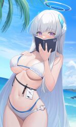 Rule 34 | absurdres, andamiro, beach, bikini, bird, blue archive, book, grey hair, halo, hand on own chest, headgear, headphones, highres, id card, long hair, looking at viewer, mechanical halo, noa (blue archive), open book, pen, purple eyes, rock, sky, swimsuit, tree, two-sided fabric, very long hair, white hair, white halo