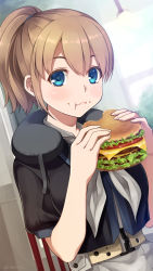 Rule 34 | 1girl, :t, belt, black shirt, blue eyes, blush, breasts, brown hair, burger, closed mouth, commentary request, eating, food, food on face, grey neckwear, hair between eyes, highres, holding, holding food, imachireki, intrepid (kancolle), kantai collection, large breasts, looking at viewer, miniskirt, neck pillow, ponytail, sandwich, shirt, short hair, signature, sitting, skirt, solo, twitter username, white neckwear, white skirt