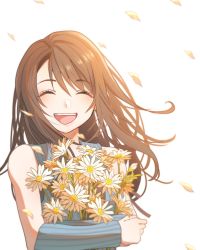 Rule 34 | 1girl, :d, ^ ^, arm warmers, bare shoulders, black hair, closed eyes, final fantasy, final fantasy viii, flower, hair between eyes, highres, long hair, open mouth, petals, rinoa heartilly, simple background, sleeveless duster, smile, solo, teeth, toufu (toufu 53), upper body, white background, white flower