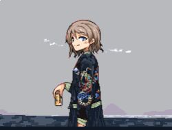 Rule 34 | 1girl, blue eyes, blush, brown hair, can, cloud, from side, gonpachi g8, long sleeves, looking at viewer, love live!, love live! sunshine!!, pixel art, robe, short hair, simple background, smile, watanabe you, wavy hair