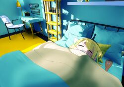 Rule 34 | 1girl, 3d, = =, absurdres, amano pikamee, artist request, bed, bedroom, black hairband, blanket, blonde hair, chair, colored inner hair, commentary, desk, english commentary, floor lamp, green hair, hairband, highres, indoors, lying, mixed-language commentary, multicolored hair, official art, on back, open mouth, pillow, plant, potted plant, sharp teeth, shelf, short hair, sleeping, solo, spatula, teeth, upper teeth only, virtual youtuber, voms