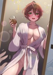 Rule 34 | 1girl, 1other, ahoge, bath yukata, blush, breasts, brown hair, c (theta), cleavage, convenient censoring, cowboy shot, cup, drunk, glass, gluteal fold, green eyes, hair between eyes, hands up, highres, holding, holding cup, idolmaster, idolmaster million live!, idolmaster million live! theater days, japanese clothes, kimono, large breasts, navel, no bra, no panties, open clothes, open kimono, open mouth, sakuramori kaori, short hair, signature, sliding doors, smile, solo focus, squeans, standing, yukata
