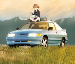 Rule 34 | 1girl, absurdres, bag, blue eyes, brown hair, burger, car, cloud, cloudy sky, cup, disposable cup, drinking straw, evening, food, ford, grass, hair over one eye, highres, holding, holding pencil, holding sketchbook, indian style, joanna elizabeth stafford, kokott, luminous witches, motor vehicle, mountain, outdoors, pencil, sailor, shoes, short hair, signature, sitting, sketchbook, sky, smile, solo, vehicle focus, world witches series