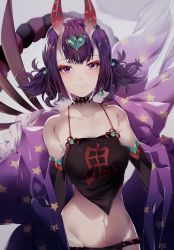 Rule 34 | 1girl, absurdres, bare shoulders, blush, bob cut, breasts, choker, collarbone, cowboy shot, dutch angle, earrings, eyeliner, fate/grand order, fate (series), fundoshi, groin, highres, horns, jade, japanese clothes, jewelry, kimono, long hair, looking at viewer, makeup, navel, off shoulder, oni, open clothes, open kimono, open mouth, purple eyes, purple hair, purple kimono, revealing clothes, short hair, shuten douji (fate), shuten douji (fate/grand order), shuten douji (halloween caster) (fate), skin-covered horns, small breasts, smile, solo, souike, star (symbol), star print, stomach
