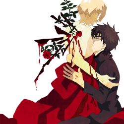 Rule 34 | 2boys, bad id, bad pixiv id, blonde hair, blood, brown hair, fate/zero, fate (series), flower, gilgamesh (fate), impaled, kotomine kirei, kuroihato, male focus, multiple boys, plant, red flower, red rose, rose, spikes, stab, vines