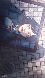 Rule 34 | 1girl, black eyes, black hair, blazer, blue jacket, blue shirt, bow, bowtie, broken mirror, closed mouth, collared shirt, drain (object), fracoco, from above, hand on own chest, highres, jacket, long hair, long sleeves, looking at viewer, mirror, original, red bow, red bowtie, shirt, signature, solo, striped bow, striped bowtie, striped clothes, tile floor, tiles