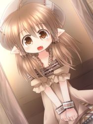 Rule 34 | 1girl, blush, brown eyes, brown hair, fang, flat chest, hat, kso, looking at viewer, original, pointy ears, smile, solo