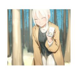 Rule 34 | 1girl, absurdres, bare tree, black shirt, blush, border, brown coat, cellphone, closed eyes, coat, dress, earrings, facing viewer, forest, highres, holding, holding phone, idolmaster, idolmaster cinderella girls, jewelry, nature, open clothes, open coat, outdoors, phone, shioda (shioda 5), shiomi syuko, shirt, short hair, smartphone, smile, snow, solo, tree, white border, white dress, white hair, winter, winter clothes