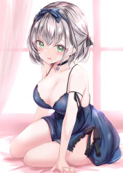Rule 34 | 1girl, absurdres, arm ribbon, arm support, babydoll, bare shoulders, black choker, black ribbon, blue bow, blush, bow, breasts, chemise, choker, cleavage, commentary request, green eyes, hair bow, hairband, highres, hololive, large breasts, looking at viewer, mole, mole on breast, parted lips, ribbon, shirogane noel, short hair, sitting, smile, solo, virtual youtuber, yuano