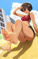 1girl absurdres barefoot black_hair blush dark-skinned_female dark_skin feet gym_uniform highres looking_at_viewer make_heroine_ga_oo_sugiru! open_mouth purple_eyes short_hair soles takeman toes yakishio_lemon