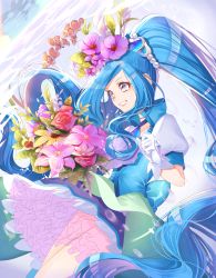 Rule 34 | 1girl, absurdres, back bow, blue bow, blue eyes, blue hair, blue neckwear, blue skirt, blue vest, bouquet, bow, choker, cowboy shot, cure fontaine, fish, flower, frills, gloves, hair flower, hair ornament, healin&#039; good precure, highres, long hair, looking away, magical girl, ponytail, precure, red flower, red rose, rose, sawaizumi chiyu, skirt, smile, solo, vest, white gloves, yuutarou (fukiiincho)