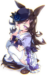 Rule 34 | 1girl, animal ears, black hat, blouse, blue bow, blue flower, blue rose, blue shirt, bow, brown footwear, brown hair, collarbone, commentary request, flower, frilled skirt, frills, full body, hair over one eye, hand up, hat, hat flower, hayakawa harui, highres, horse ears, horse girl, horse tail, knees up, loafers, long hair, pleated skirt, puffy short sleeves, puffy sleeves, purple eyes, purple shirt, rice shower (umamusume), rose, school uniform, shadow, shirt, shoes, short sleeves, skirt, solo, squatting, tail, thighhighs, tilted headwear, tracen school uniform, umamusume, very long hair, white background, white skirt, white thighhighs