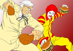 Rule 34 | 2boys, afro, angry, battle, bird, blue eyes, bouzu oyaji, burger, chicken, chicken (food), clown, colonel sanders, dual wielding, epic, facepaint, facial hair, fighting stance, food, food fight, formal, fried chicken, glasses, goatee, holding, ikumo taisuke, infectionator, jumpsuit, kfc, lapels, m.u.g.e.n, male focus, mcdonald&#039;s, multiple boys, old, old man, parody, peaked lapels, red hair, ronald mcdonald, string tie, suit, white hair