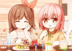 Rule 34 | + +, 2girls, :t, ^ ^, bendy straw, blush, brown eyes, brown hair, brown ribbon, brown shirt, closed eyes, closed mouth, collarbone, collared shirt, cup, dress, drink, drinking glass, drinking straw, eating, food, fork, hair between eyes, hair ribbon, hand on own cheek, hand on own face, holding, holding fork, holding spoon, ice, ice cream, ice cube, indoors, multiple girls, off-shoulder dress, off shoulder, one side up, original, parfait, puffy short sleeves, puffy sleeves, ribbon, shirt, short sleeves, spoon, sweets, white dress, yuuhagi (amaretto-no-natsu)