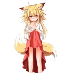 Rule 34 | 1girl, :d, animal ears, blonde hair, blush, clothes lift, flat chest, fox ears, fox tail, hakama, hakama lift, hakama skirt, haori, highres, japanese clothes, long hair, multiple tails, off shoulder, open clothes, open mouth, original, red hakama, senbon, skirt, smile, solo, tail, transparent background, two tails