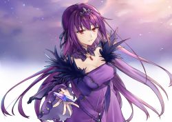 Rule 34 | 1girl, black ribbon, blush, breasts, cleavage, collar, commentary request, crystal, detached collar, dress, fate/grand order, fate (series), feather trim, hair between eyes, hair ribbon, headpiece, large breasts, long sleeves, looking at viewer, parted lips, purple collar, purple dress, purple hair, red eyes, ribbon, scathach (fate), scathach skadi (fate), shiao, silver trim, solo, wide sleeves