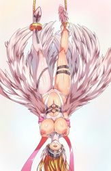 Rule 34 | 1girl, angel wings, angewomon, arms behind back, asymmetrical clothes, bare shoulders, bdsm, belt, blonde hair, bondage, bound, bound arms, breasts, breasts out, covered eyes, digimon, digimon (creature), digimon adventure, gluteal fold, hanging breasts, head wings, helmet, highres, large breasts, long hair, mask, navel, nipples, open mouth, pink ribbon, ribbon, shinkaui, shiny skin, solo, stomach, suspension, thigh strap, upside-down, white footwear, white wings, wings, zipper
