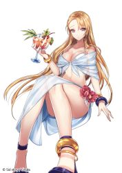 Rule 34 | 1girl, blonde hair, blue eyes, copyright name, cup, flower, food, fruit, gauntlets, official art, sid story, sila (carpen), sitting, solo, swimsuit