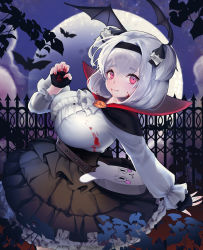 Rule 34 | 1girl, absurdres, alvis (last origin), bat (animal), blood, blood on face, breasts, fang, fingerless gloves, gloves, guunhanchi, head wings, highres, large breasts, last origin, looking at viewer, moon, night, outdoors, red eyes, smile, solo, two side up, white hair, wings