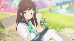 Rule 34 | 1girl, airi (blue archive), animated, bag, blue archive, brown hair, child, food, grass, green eyes, green ribbon, halo, highres, ice cream, lawn, light blush, official art, petals, ribbon, school bag, school uniform, screencap, smile, thighhighs, video, video