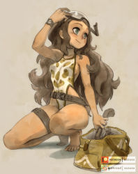 Rule 34 | 1girl, bag, barefoot, beige background, belt, big hair, blue eyes, breasts, brown hair, camouflage, commentary, dark-skinned female, dark skin, english commentary, goggles, goggles on head, gumroad username, highleg, highleg swimsuit, highres, holster, kneeling, long hair, one-piece swimsuit, on one knee, original, paid reward available, patreon username, pinup (style), satchel, small breasts, snorkel, solo, speargun, swimsuit, thigh holster, watch, wristwatch, xaxaxa