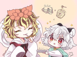 Rule 34 | 2girls, animal ear fluff, animal ears, arrow (symbol), biyon, black hair, blonde hair, blush, capelet, cheese, commentary request, eating, closed eyes, food, grey hair, hagoromo, hair ornament, head down, heart, heart tail, holding, honey dipper, honeypot, long sleeves, mouse ears, mouse tail, multicolored hair, multiple girls, nazrin, open mouth, plus sign, red eyes, shawl, shirt, short hair, smile, sparkle, streaked hair, tail, toramaru shou, touhou, twitter username, two-tone hair, white shirt