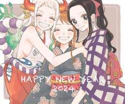 Rule 34 | 2024, 3girls, ^ ^, black hair, blunt ends, checkered clothes, checkered kimono, closed eyes, commentary request, earrings, floral print, floral print kimono, green hair, hair ornament, hakama, happy new year, horns, hug, japanese clothes, jewelry, kimono, looking at viewer, millpi01, multicolored hair, multiple girls, nami (one piece), new year, nico robin, obi, one piece, orange hair, ponytail, profile, purple kimono, red hakama, red horns, rope, sash, shimenawa, sidelocks, sleeveless, sleeveless kimono, white hair, white kimono, yamato (one piece)