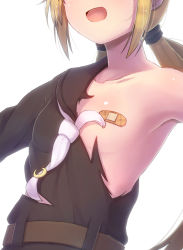 Rule 34 | 10s, 1girl, armpits, bandaid, bandaids on nipples, belt, blonde hair, collarbone, crescent, flat chest, head out of frame, kantai collection, long hair, minarai shachou, open mouth, pasties, satsuki (kancolle), school uniform, serafuku, smile, solo, torn clothes, twintails