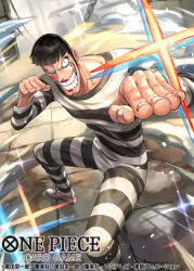 Rule 34 | 1boy, black hair, blunt bangs, bon clay, commentary request, copyright name, long sleeves, looking at viewer, makeup, male focus, official art, one piece, one piece card game, pants, phima, shirt, short hair, sideburns, smile, smoke, solo, sparkle, striped clothes, striped pants, striped shirt, white footwear