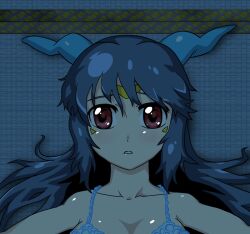 1girl bra digimon female_focus long_hair looking_at_viewer personification red_eyes solo underwear v-mon