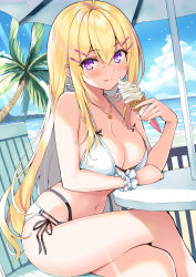 Rule 34 | 1girl, :p, ahoge, bare arms, bare shoulders, bikini, blonde hair, blue sky, blush, breasts, chair, cleavage, closed mouth, cloud, cloudy sky, collarbone, commentary request, crossed legs, cu-no, day, food, hair between eyes, hair ornament, hairclip, hakurei botan, halterneck, highleg, highleg bikini, hisen kaede, holding, holding food, horizon, ice cream, ice cream cone, jewelry, large breasts, long hair, looking at viewer, navel, necklace, ocean, on chair, outdoors, palm tree, parasol, purple eyes, scrunchie, side-tie bikini bottom, sidelocks, sitting, sky, smile, soft serve, solo, stomach, sunlight, swimsuit, table, thighs, tongue, tongue out, tree, umbrella, very long hair, water, white bikini, wrist scrunchie
