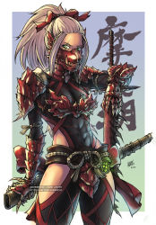 Rule 34 | 1girl, abs, armor, bow, breastplate, breasts, color ink (medium), commentary, covered mouth, covered navel, english commentary, gauntlets, green eyes, hair bow, highres, hip vent, long hair, mask, mask on head, monster hunter, monster hunter: world, monster hunter (series), navel, odogaron (armor), pink hair, planted, planted sword, planted weapon, ponytail, red bow, scabbard, scar, scar across eye, scar on face, sheath, shinbross, shoulder armor, skin tight, small breasts, solo, standing, sword, toned, weapon