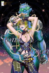 absurdres bandages black_hair breasts bug butterfly cuffs double_bun green_eyes green_hair green_lips hair_bun handcuffs highres insect jojo_no_kimyou_na_bouken kuujou_jolyne midriff multicolored_hair navel stand_(jojo) stone_free stone_ocean two-tone_hair veela