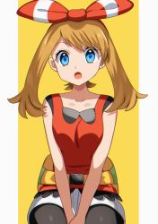 Rule 34 | 1girl, bad id, bad pixiv id, black pantyhose, blue eyes, border, brown hair, collarbone, creatures (company), game freak, hairband, highres, looking at viewer, may (pokemon), nintendo, open mouth, pantyhose, pokemon, pokemon oras, red hairband, short hair, simple background, sleeveless, solo, white border, yellow background, yuihico