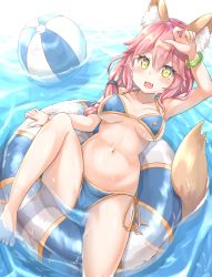 Rule 34 | 1girl, animal ear fluff, animal ears, bikini, blue bikini, breasts, collarbone, commentary request, fang, fate/grand order, fate (series), fox ears, fox tail, highres, innertube, keiran (ryo170), large breasts, looking at viewer, navel, open mouth, pink hair, pixiv fate/grand order contest 2, revision, side-tie bikini bottom, solo, swim ring, swimsuit, tail, tamamo (fate), tamamo no mae (fate/extra), tamamo no mae (swimsuit lancer) (fate), water, yellow eyes