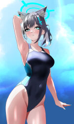 Rule 34 | 1girl, absurdres, animal ear fluff, animal ears, black one-piece swimsuit, blue archive, blue eyes, breasts, competition swimsuit, covered navel, cowboy shot, cross hair ornament, extra ears, grey hair, hair ornament, halo, highleg, highleg swimsuit, highres, kisaragi shokuin, looking at viewer, low ponytail, medium breasts, medium hair, mismatched pupils, multicolored clothes, multicolored swimsuit, official alternate costume, one-piece swimsuit, shiroko (blue archive), shiroko (swimsuit) (blue archive), solo, standing, swimsuit, wolf ears