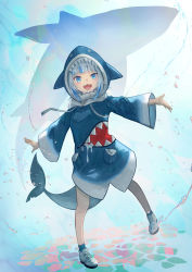 Rule 34 | 1girl, :d, absurdres, animal hood, blue eyes, blue hair, blue hoodie, blunt bangs, commentary, commentary request, fins, fish tail, gawr gura, gawr gura (1st costume), grey hair, highres, hololive, hololive english, hood, hood up, hoodie, long sleeves, looking at viewer, medium hair, multicolored hair, open mouth, outstretched arms, shark, shark hood, shark tail, sharp teeth, shoes, smile, sneakers, solo, spread arms, streaked hair, tail, teeth, underwater, virtual youtuber, white footwear, wide sleeves, xyunx