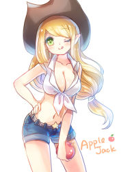 Rule 34 | 1girl, apple, applejack, belt, blonde hair, breasts, character name, cleavage, collarbone, contrapposto, cowboy hat, cowboy shot, denim, denim shorts, emia wang, food, front-tie top, fruit, green eyes, hand on own hip, hat, holding, holding food, holding fruit, large breasts, leaning forward, long hair, looking at viewer, low-tied long hair, midriff, my little pony, my little pony: friendship is magic, navel, one eye closed, personification, pointy ears, shiny skin, shirt, short shorts, shorts, sidelocks, simple background, sleeveless, sleeves rolled up, smile, solo, standing, star (symbol), swept bangs, tareme, tied shirt, tongue, tongue out, white background