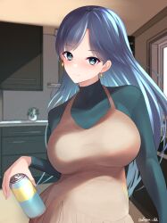 Rule 34 | 1girl, absurdres, alcohol, blue eyes, blue hair, blush, breasts, brown dress, can, dangan kurabu, dress, earrings, green shirt, highres, holding, holding can, indoors, jewelry, kantai collection, large breasts, long hair, long sleeves, official alternate costume, ribbon, shirt, smile, souryuu (kancolle)