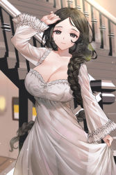 Rule 34 | 1girl, absurdres, arm up, black eyes, black hair, braid, braided ponytail, breasts, cleavage, closed mouth, collarbone, cowboy shot, dress, frilled sleeves, frills, groin, highres, indoors, large breasts, lens flare, light particles, long sleeves, looking at viewer, navel, no panties, original, parted lips, see-through, single braid, skirt hold, smile, solo, stairs, white dress, zetto (zet)
