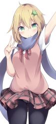Rule 34 | 1girl, ahoge, arm up, black pantyhose, blonde hair, blush, breasts, brown skirt, closed mouth, commentary request, crotch seam, gabriel dropout, gluteal fold, green eyes, hair between eyes, hair ornament, head tilt, highres, kyuukon (qkonsan), long hair, neck ribbon, outstretched arm, panties, panties under pantyhose, pantyhose, plaid, plaid skirt, red ribbon, ribbon, shirt, short sleeves, simple background, skirt, small breasts, smile, solo, star (symbol), star hair ornament, sweater vest, tapris chisaki sugarbell, underwear, white background, white shirt