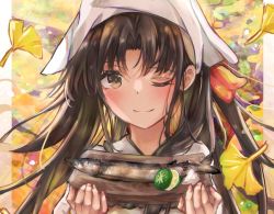 Rule 34 | 1girl, autumn leaves, bandana, black hair, brown eyes, commentary request, fish, japanese clothes, kantai collection, looking at viewer, plate, saury, shouhou (kancolle), smile, solo, upper body, womisoba