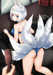 Rule 34 | 1girl, animal ears, ass, azur lane, bare shoulders, bikini, blue bikini, blue eyes, blunt bangs, blush, breasts, brush, couch, curtains, fluffy, fox ears, fox tail, highres, kaga (azur lane), kneeling, looking at viewer, looking back, medium breasts, multiple tails, out of frame, red curtains, short hair, swimsuit, tail, tosaka0002, underwear, white hair, window, wooden floor