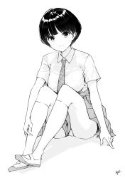 Rule 34 | 1girl, absurdres, breasts, closed mouth, collared shirt, commentary request, full body, greyscale, highres, knees up, looking at viewer, medium breasts, monochrome, necktie, original, panties, plaid necktie, plaid neckwear, pleated skirt, school uniform, shadow, shirt, shoes, short hair, short sleeves, simple background, sitting, skirt, smile, socks, solo, takenoko no you, underwear, uwabaki, white background
